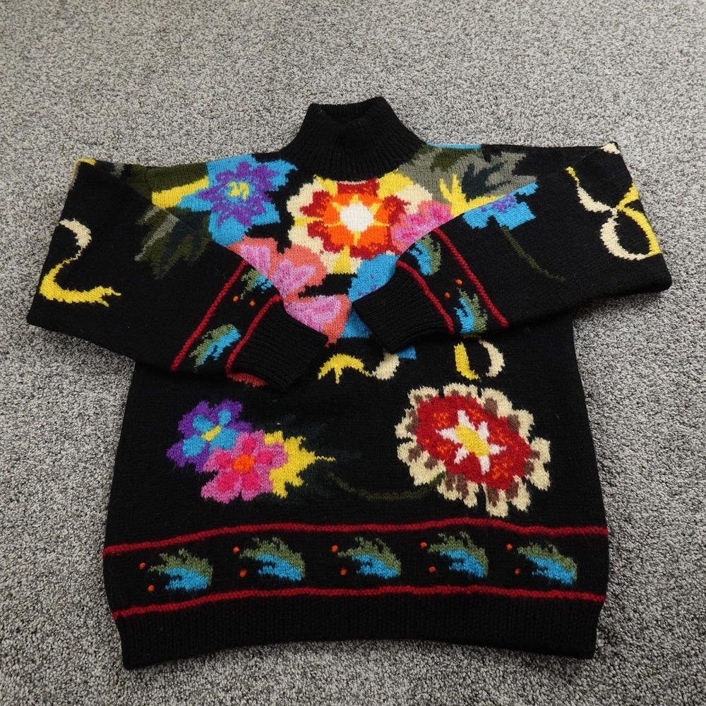 VTG Floral Sweater Womens M Black Art Knit Worsted Wool Pullover‎ Turtleneck 90s